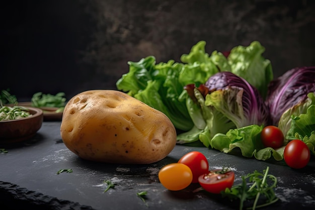 Una superficie di pietra nera con sopra un mucchio di verdure e una patata