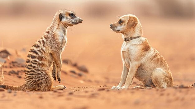 Una suricata e un cane sono seduti nel deserto la suricata è in piedi sulle zampe posteriori e guarda il cane