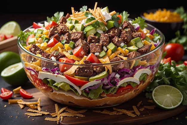Una svolta moderna su un piatto classico: un'insalata di tacos con strati di tortilla croccante e verdure fresche