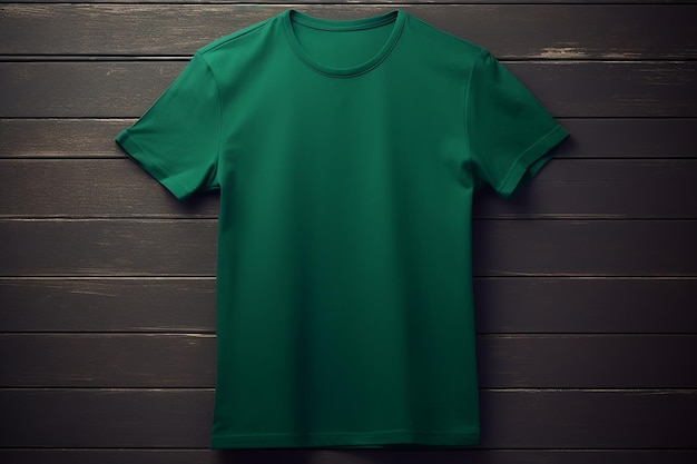 Una t-shirt verde con la scritta t-shirt su uno sfondo di legno.