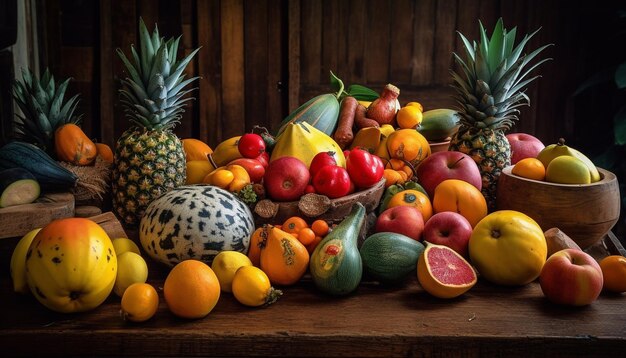 Una tabella colorata di frutta e verdura biologica per la dieta generata dall'IA