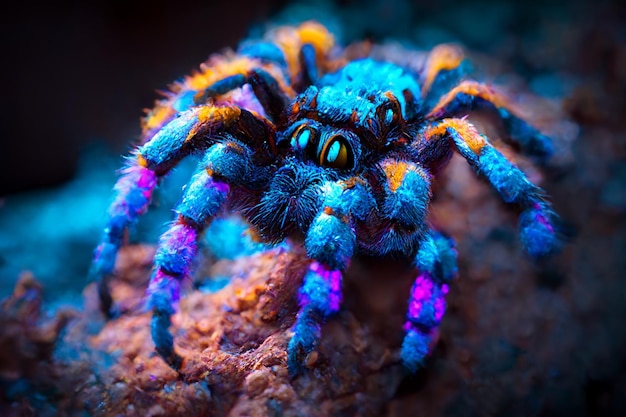 Una tarantola blu con una coda blu brillante e occhi azzurri.