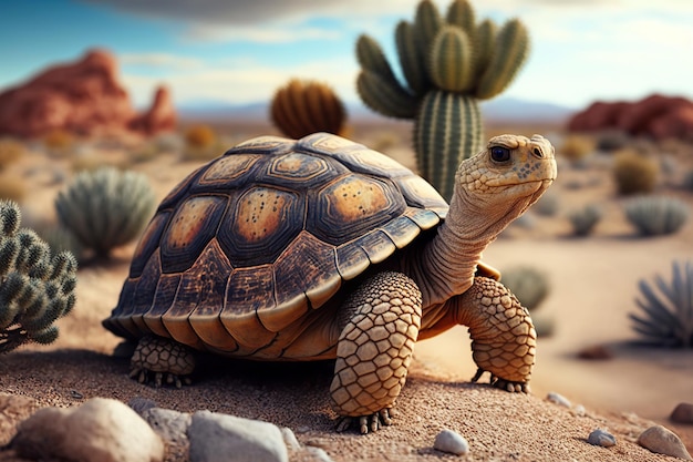 Una tartaruga cammina attraverso il deserto, un paesaggio arido generato da Ai