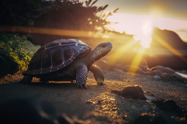 Una tartaruga cammina attraverso il sole al tramonto