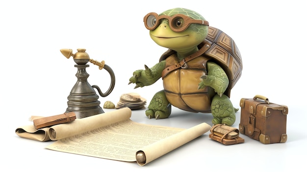 Una tartaruga carina con gli occhiali è seduta accanto a una pila di libri e una mappa arrotolata La tartaruga guarda lo spettatore con un'espressione amichevole