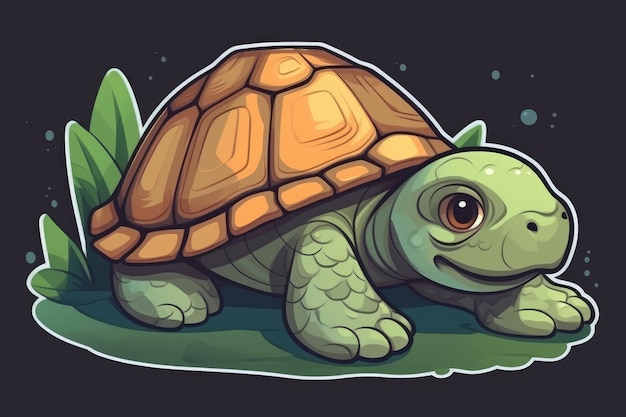 Una tartaruga cartone animato con uno sfondo verde e una piccola tartaruga sul davanti.