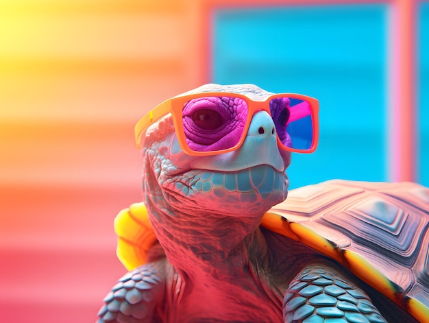 Una tartaruga che indossa occhiali da sole colorati concetto di pop art