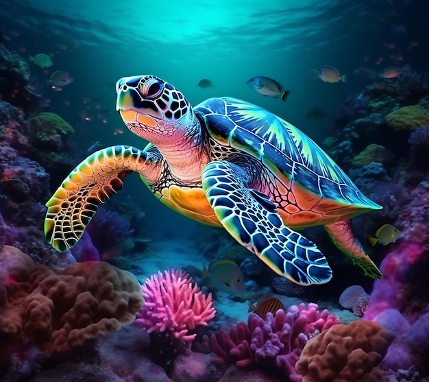 Una tartaruga che nuota accanto a una barriera corallina con una tartaruga marina verde.