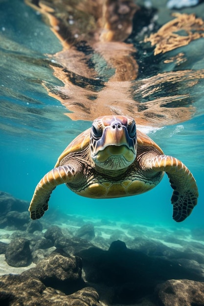 una tartaruga che nuota nell'acqua con il sole che splende sul suo viso