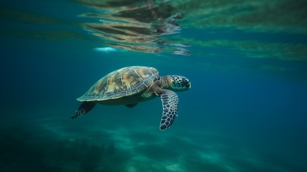 Una tartaruga che nuota nell'acqua con la parola tartaruga sul fondo.