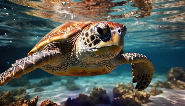 una tartaruga che nuota nell'acqua con un pesce in bocca