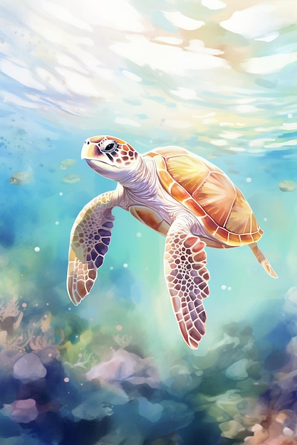 una tartaruga che nuota nell'acqua dell'oceano.