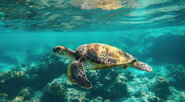 una tartaruga che nuota nell'oceano circondata dalla barriera corallina