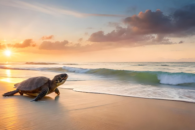 Una tartaruga che striscia sulla spiaggia al tramonto