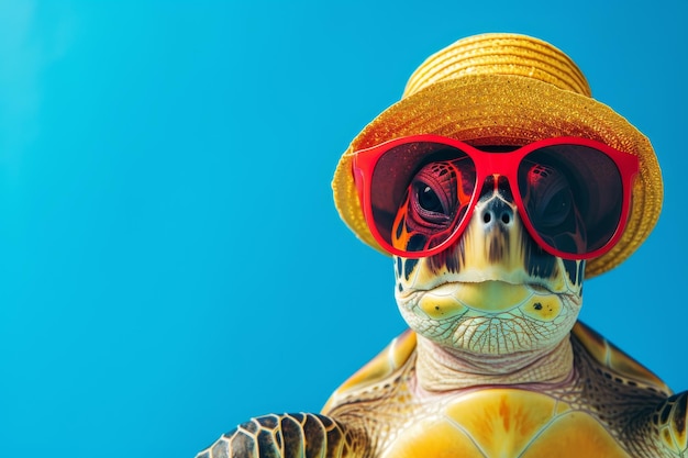 Una tartaruga con gli occhiali e un cappello si sta rilassando su una spiaggia tropicale