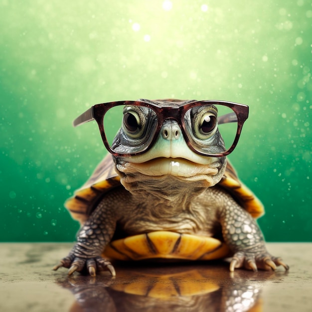 Una tartaruga con gli occhiali e un paio di occhiali è in piedi su un tavolo.
