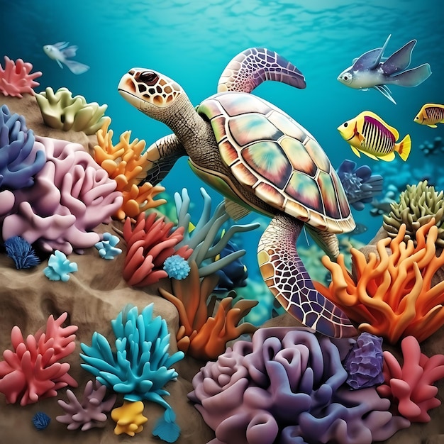 una tartaruga è circondata da coralli colorati e coralli colorate.