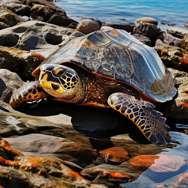 una tartaruga è sdraiata su alcune rocce e guarda l'acqua.