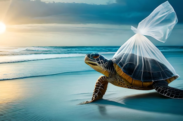 Una tartaruga in un sacchetto di plastica consente di salvare l'inquinamento da plastica dell'oceano nei sacchetti di plastica dell'oceano nelle profondità