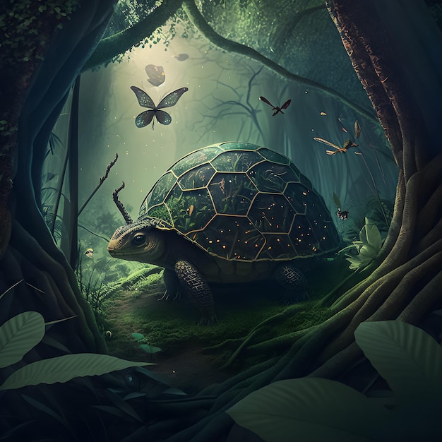Una tartaruga in una foresta con farfalle sul dorso