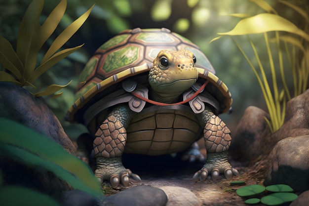 Una tartaruga nella giungla con la scritta tartaruga sul davanti.