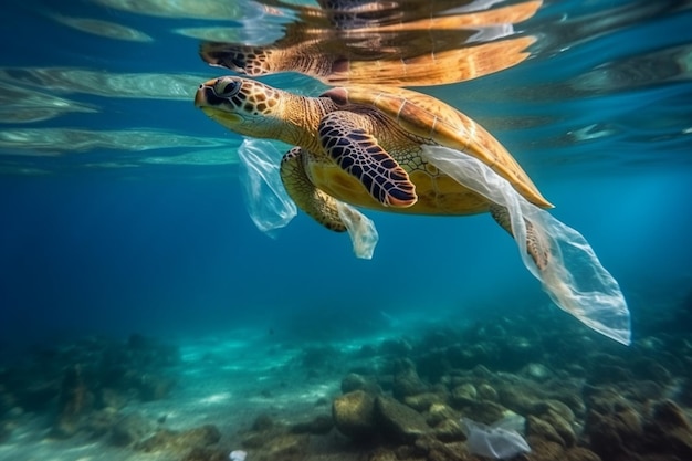 Una tartaruga nuota nell'oceano con un sacchetto di plastica.