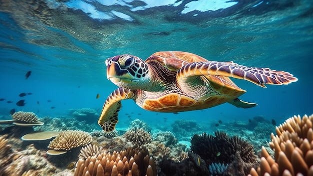 Una tartaruga nuota nell'oceano in belize.