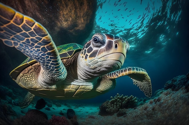 Una tartaruga nuota sott'acqua alle Bahamas.