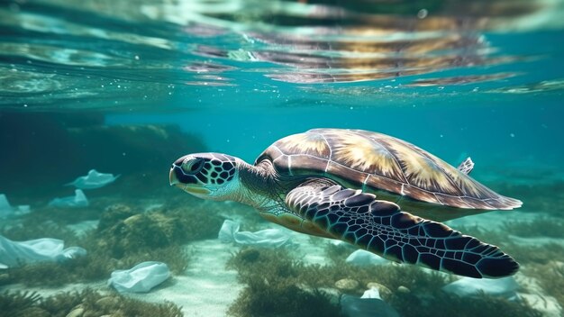 Una tartaruga nuota sott'acqua alle Maldive.