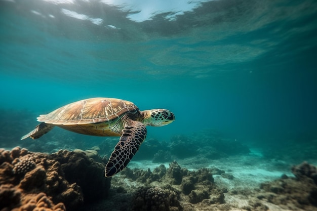 Una tartaruga nuota sott'acqua alle Maldive.