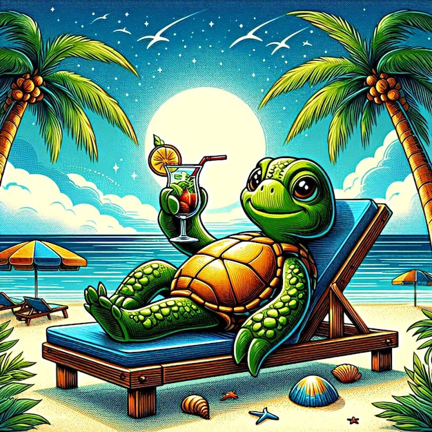 una tartaruga si siede su una sedia da spiaggia con le palme sullo sfondo