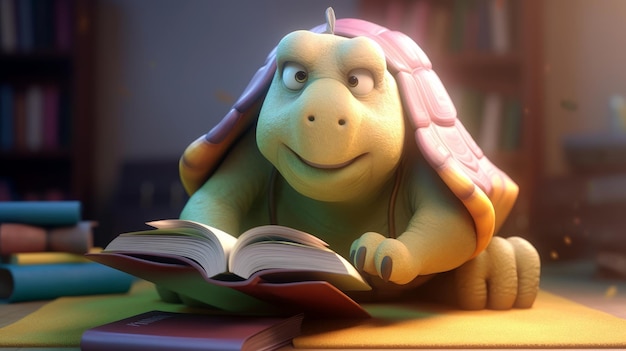 Una tartaruga siede su una scrivania con un libro sullo sfondo.