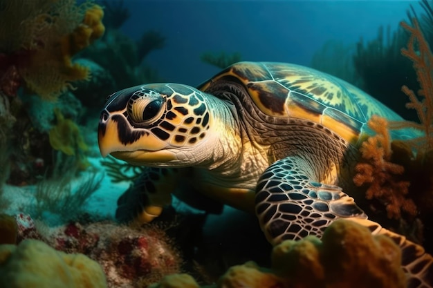 Una tartaruga sta nuotando nell'oceano.