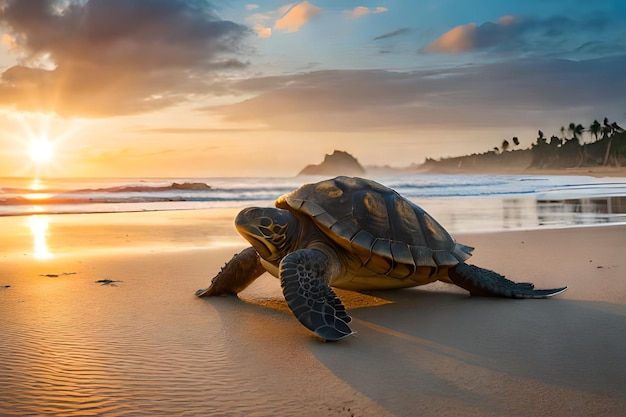 Una tartaruga sulla spiaggia al tramonto