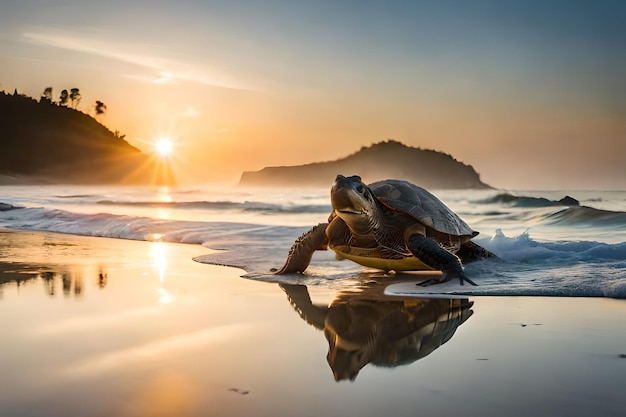 Una tartaruga sulla spiaggia al tramonto