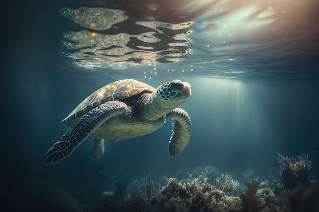 Una tartaruga verde che nuota nell'oceano IA generativa