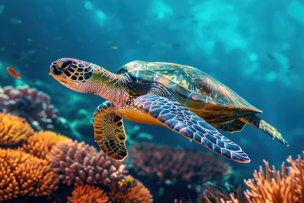 una tartaruga verde che nuota tra i coralli