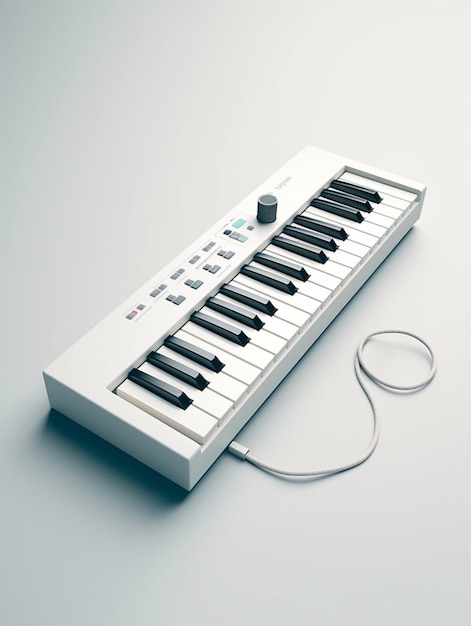 Una tastiera bianca con tasti neri e un cavo collegato.