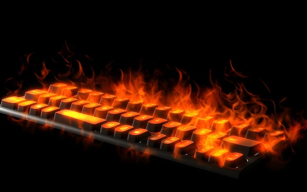 Una tastiera con delle fiamme sopra che dice fuoco su di essa