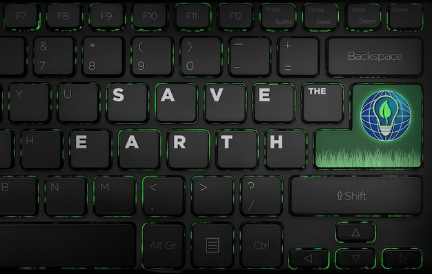 Una tastiera nera con sopra il logo Save Earth