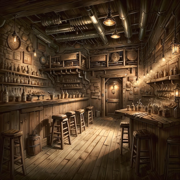 Una taverna con una parete in legno e uno scaffale con tante bottiglie di birra