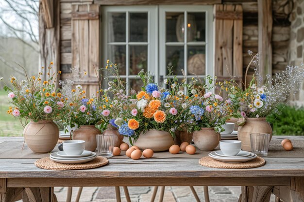 Una tavola adornata con la bellezza della natura pronta per una riunione di famiglia di Pasqua