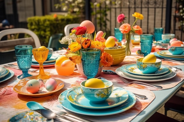 Una tavola apparecchiata per pasqua con piatti colorati e tazze e fiori.