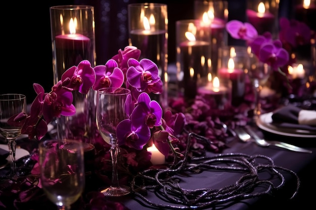 Una tavola apparecchiata per un matrimonio con candele e orchidee