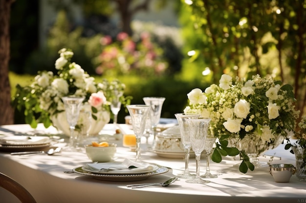Una tavola apparecchiata per un matrimonio con fiori e bicchieri