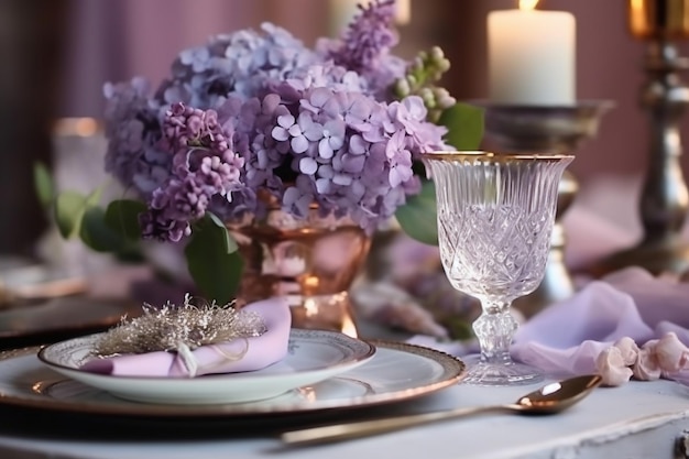 Una tavola apparecchiata per un matrimonio con fiori viola e un bicchiere