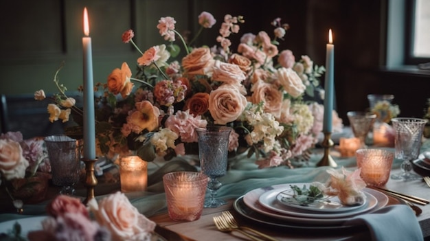 Una tavola apparecchiata per un matrimonio con sopra un mazzo di fiori