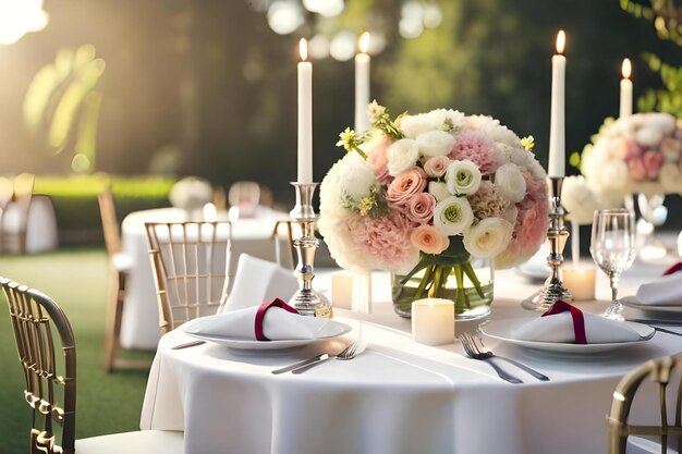 Una tavola apparecchiata per un ricevimento di matrimonio con una candela al centro.