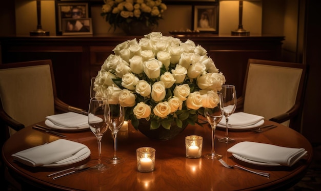 Una tavola apparecchiata per una cena con rose e candele