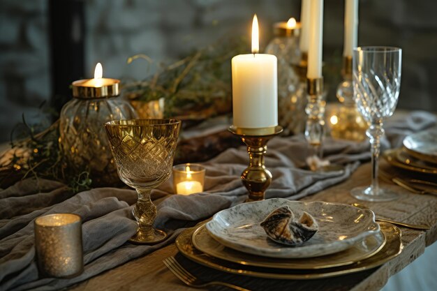 Una tavola apparecchiata per una cena di Natale con candele e candele.